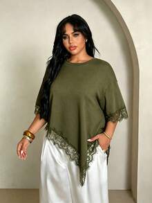 Rustia Plus Size Summer Casual Lace Patchwork Asymmetric Hem T-Shirt - Army Green - View 5