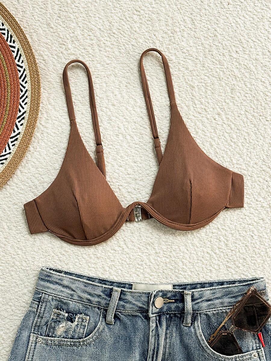 SHEIN Swim Minimalist Solid Color Swimsuit Top With Underwire - Rust Brown - View 1