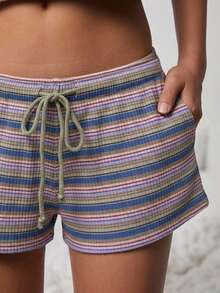 WESTFADE Mid Rise Tie Front Textured Knit Striped Lounge Shorts, Country Style For Women, Summer, Beach, 4th Of July, World Cup - Multicolor - View 5