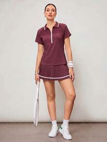Activina 女款半拉鍊短袖運動 Polo 衫，適合戶外穿著 - 酒紅色 - 查看 3
