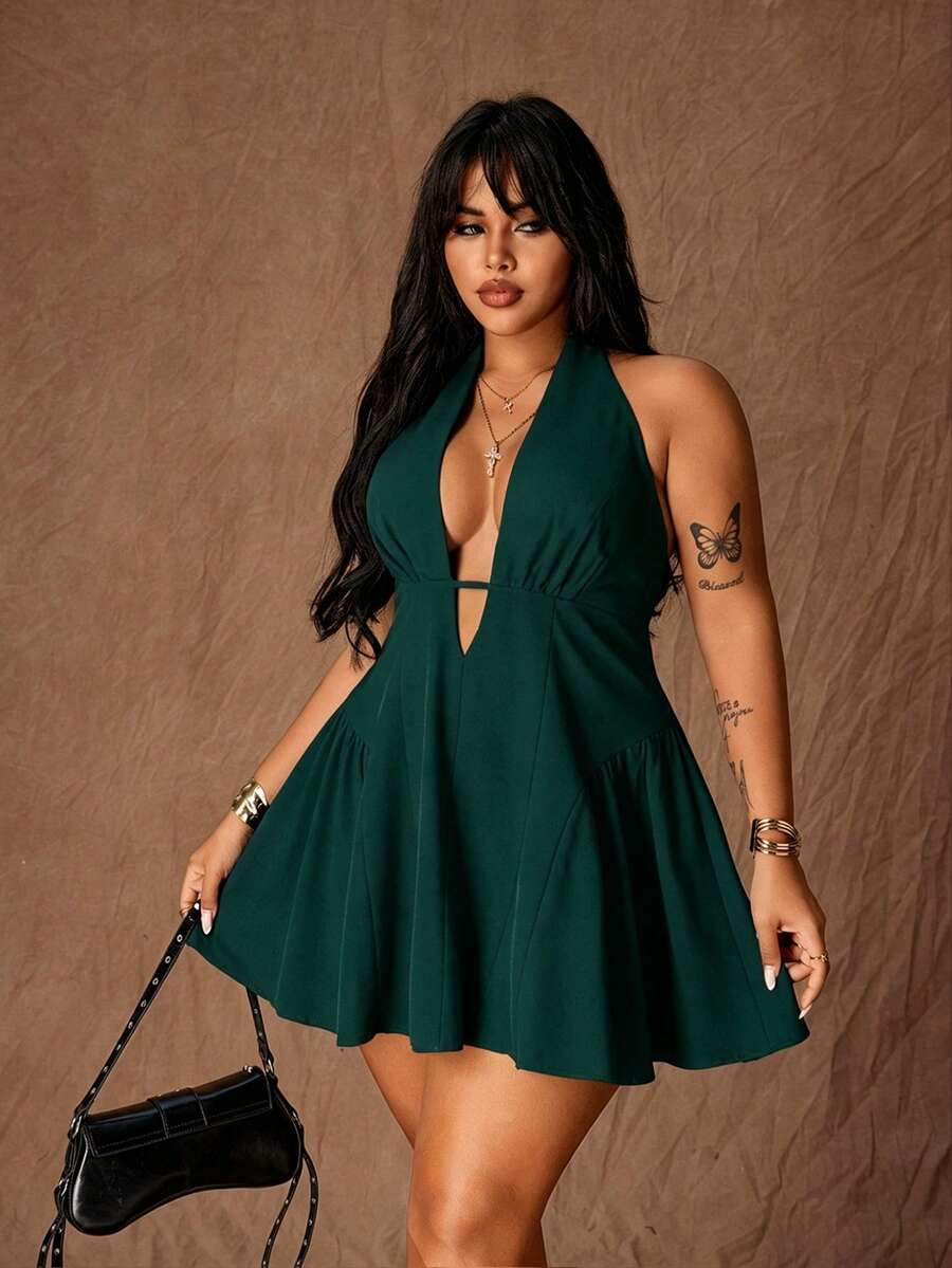 Rustia Plus Size Minimalist Hot Girl Fashion Design Deep V Halter Neck Lace-Up Waist-Cinched Dress Cocktail Dark Green Summer - Dark Green - View 1