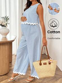 SHEIN Ensemble 2 pièces décontracté pour femme enceinte avec top rayé blocs de couleurs et pantalon long à taille ajustable pour le quotidien - Bleu et Blanc - Voir 2