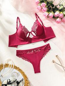Slumberist Contrast Lace Underwire Lingerie Set - Burgundy - View 7