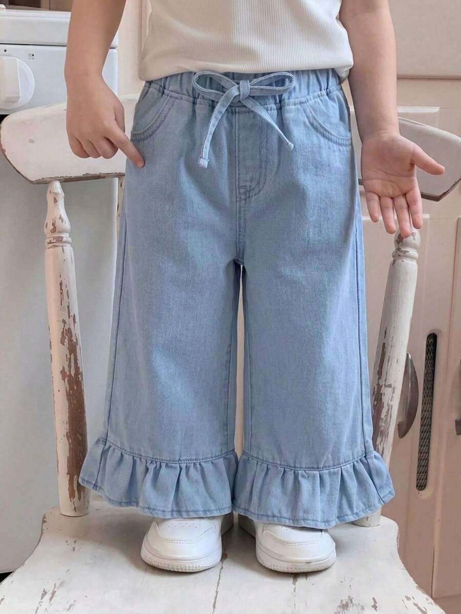 LMoss Kids 女婴浅蓝色牛仔荷叶边宽松裤 - 淺色水洗藍 - 查看 1