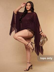 SHEIN BAE CURVE 大尺碼女款半透亮片網格時尚上衣 - 紅木色 - 查看 4