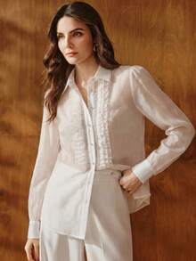Anewsta Women's Sheer Mesh Ruffle Collar Sexy Long Sleeve Blouse Golf White Autumn - White - View 3