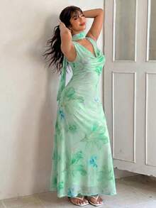 GalTyme Light Green Floral Print Ruffle Neck Sleeveless Plus Size Dress Vacation Summer Elegant - Multicolor - View 5