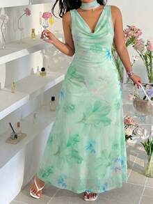 GalTyme Light Green Floral Print Ruffle Neck Sleeveless Plus Size Dress Vacation Summer Elegant - Multicolor - View 7