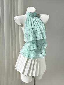 SHEIN PETITE 女款春夏休閒度假風荷葉邊拼接四層雪紡波點印花布料優雅顯瘦抓皺修身沙灘穿搭綁帶襯衫，適合嬌小女性 - 綠色 - 查看 3