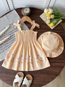 SHEIN Playful Pals 2pc Tots Baby Kid Girl Cute Chic Yellow Check Duck Bow Strap Soft Thin A-Line Dress Hat Set Sun Beach Party Cool Spring New Fun Fit Us Joy Age Cut Buy - Yellow - View 9