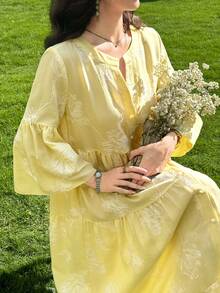 Yasmyna Spring/Summer Gentle Style Yellow V-Neck Embroidered Long Sleeve Loose Slimming Flared Elegant Casual Vacation Dress For Women - Yellow - View 5