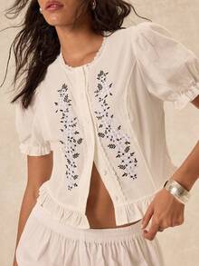 Easelle Vintage Boho Bohemian Embroidered Ruffle Vacation Women's Blouse Vacation White Floral Summer - White - View 5