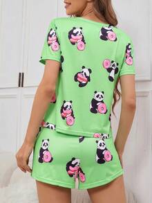 SHEIN 標準尺寸熊貓甜甜圈圖案圓領女款睡衣套裝 - 彩色 - 查看 2