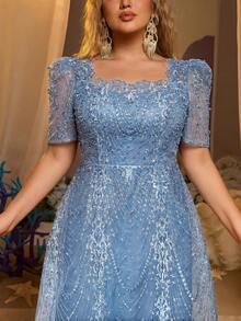 Glamrae Plus Size Elegant Romantic Champagne Square Neck Short Sleeve Sheer Rhinestone & Pearl Embellished A-Line Evening Gown For Wedding Party Celebration Formal Occasion Event (Heavy Work Design) - Dusty Blue - View 8