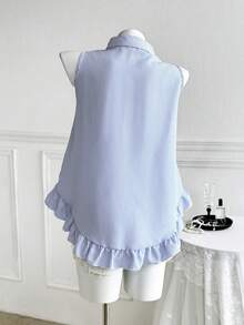 Sweetra Blouse femme à col ras-du-cou à rayures bleues et blanches avec volants, coupe française décontractée sans manches, Top polyvalent décontracté, convient pour le port quotidien décontracté et les vacances - Bleu et Blanc - Voir 2