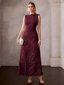 MOTF PREMIUM SUMMER EXQUISITE JACQUARD FABRIC FASHION ELEGANT BOW CINCHED WAIST WOMEN'S DRESS - Burgundy - View 6