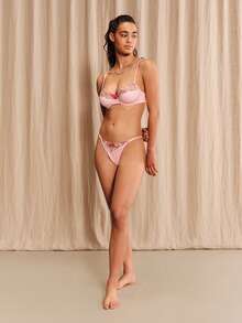 lacRébo Romantic Pink Gingham Lingerie Set With Floral Lace Trim Cute Spring Summer Style - Pink - View 5