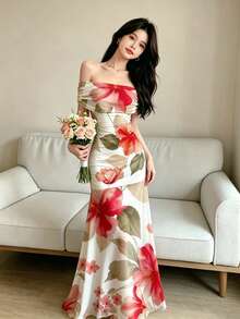 Modelyn 紅色大花卉植物圖案性感露肩抓皺洋裝，女款露肩收腰長版美人魚設計洋裝，金色紋理圖案優雅成熟風雪紡洋裝，夏季度假風穿搭 - 彩色 - 查看 3