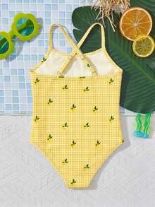 Sunshine Lemon Yellow, Mini Lemon Plaid Pattern, Baby Girls Casual Minimalist Spaghetti Strap Fitted One-Piece Swimsuit, Suitable For Summer - Multicolor - View 2