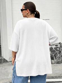 SHEIN CURVE+ 大尺碼女款春夏時尚休閒寬鬆舒適基礎日常開衩下擺短袖T恤，簡約風格，外出上衣，歐式夏/秋/冬 - 白色 - 查看 2