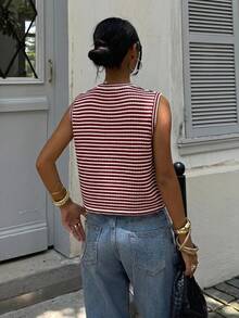Siren Gaze Tank Top Wanita Minimalis Kasual Bergaris Merah Marun Cocok untuk Musim Panas - Burgundy - View 2