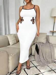 Elenzga Plus Size Elegant Fitted Color Block Dress - White - View 5