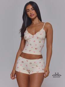 MUSERA Coconut Tropical Print V NeckTank Top Mini Shorts Hot Coord Sold As 2 Piece Set Cute Sexy Summer Spring Holiday Vacation Lingerie Night Fruits Girly - Multicolor - View 1