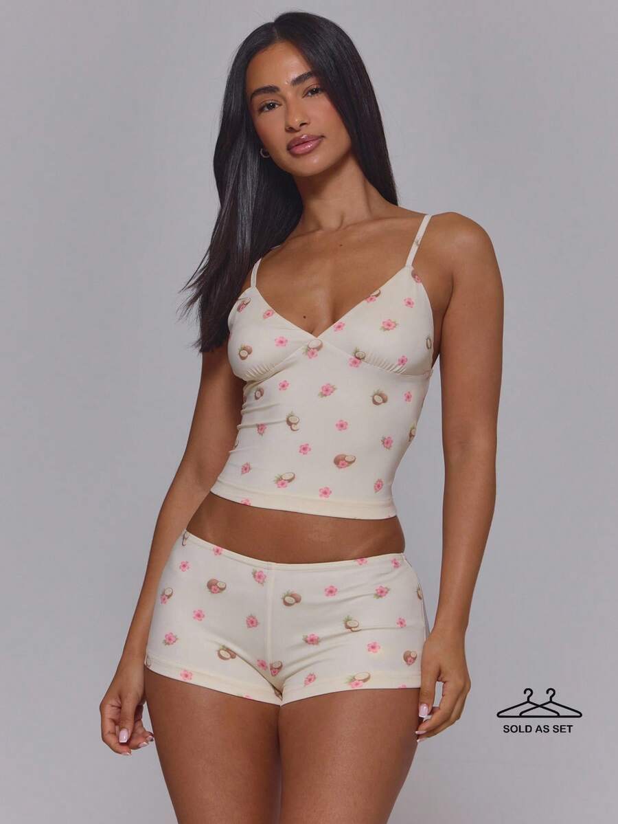 MUSERA Coconut Tropical Print V NeckTank Top Mini Shorts Hot Coord Sold As 2 Piece Set Cute Sexy Summer Spring Holiday Vacation Lingerie Night Fruits Girly - Multicolor - View 1