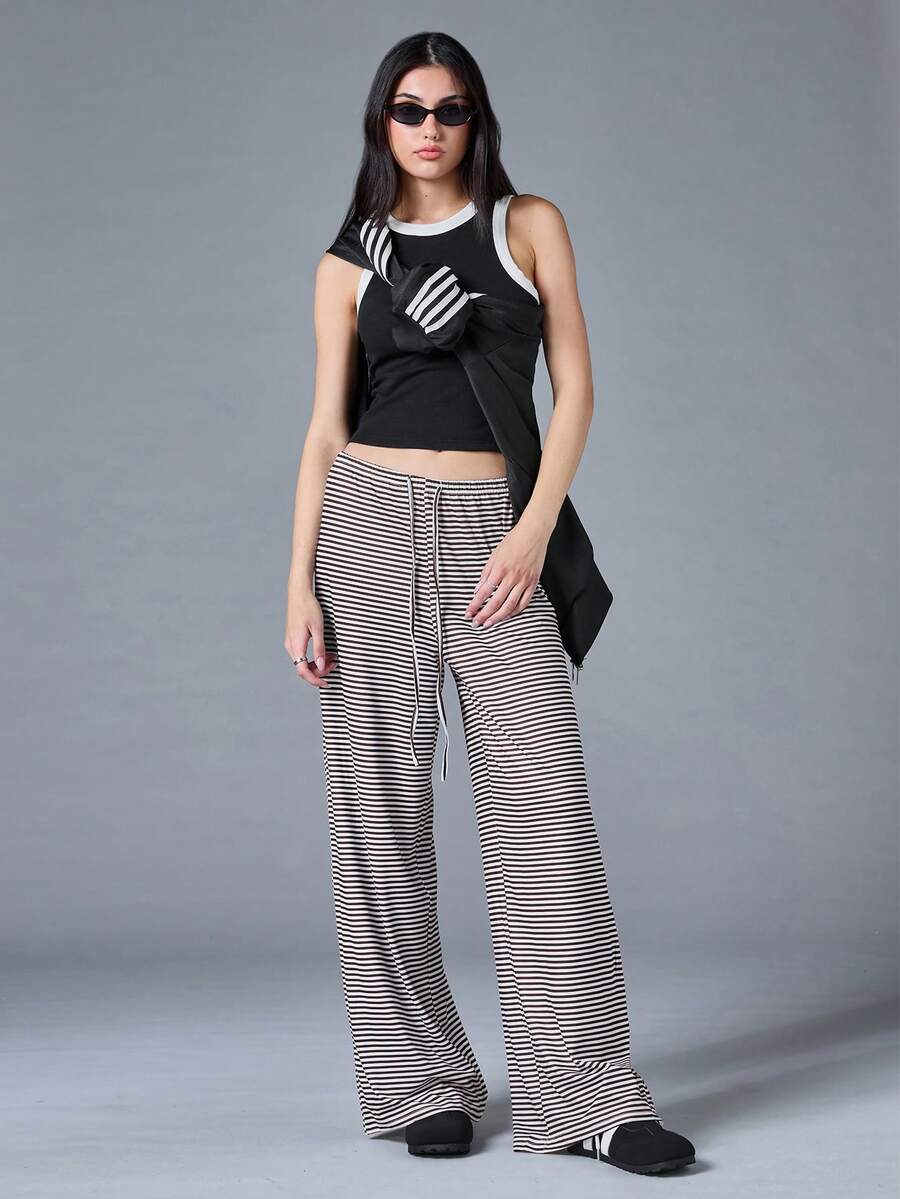 SHEIN BASICS Casual Knit Striped Low-Waist Loose Wide-Leg Floor-Length Women's Long Pants Loungewear Black And White Striped Autumn