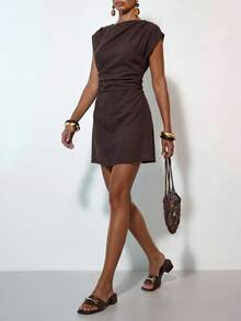 Zivah Women's Solid Color Pleated Vacation Casual Fashion Short Dress - Rust Brown - View 7