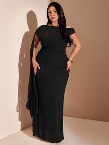 SHEIN BAE Damen Große Größen Frühlings-/Sommer-Abschlussballkleid, langes fließendes elegantes Kleid, lila Kleid, asymmetrisches asymmetrisches Schulter asymmetrisches Mesh-Kleid - Schwarz - Übersicht 1