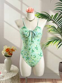 Swim Mod 女款 26 春夏新款甜美碎花掛脖露背修身顯身材一件式泳衣 - 綠色 - 查看 4