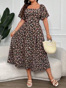 Vionelle Plus Size Women's Ditsy Floral Print Square Collar Buttoned Dress Maxi Women Outfit - Black - View 1