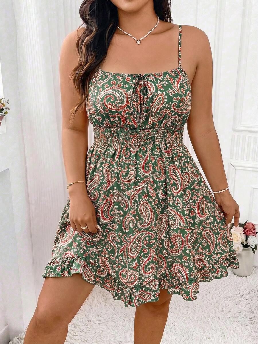 Elenzga Plus Ditsy Floral Print Tie Front Ruffle Hem Cami Dress Vacation Beach Outfits Women - Green - View 1