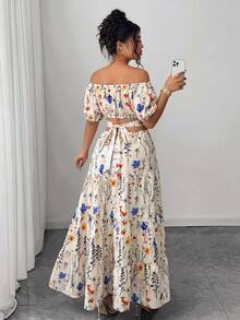 Elenzga Boho Plus Size Long Dress Apricot Random Print Off Shoulder A Line Flared Hem Shirred Puff Sleeve For Women - Apricot - View 2