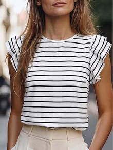 EMERY ROSE Women's Striped Print Round Neck Ruffle Sleeve Casual Versatile T-Shirt, Spring/Summer New Arrival Hot Selling - Multicolor - View 1