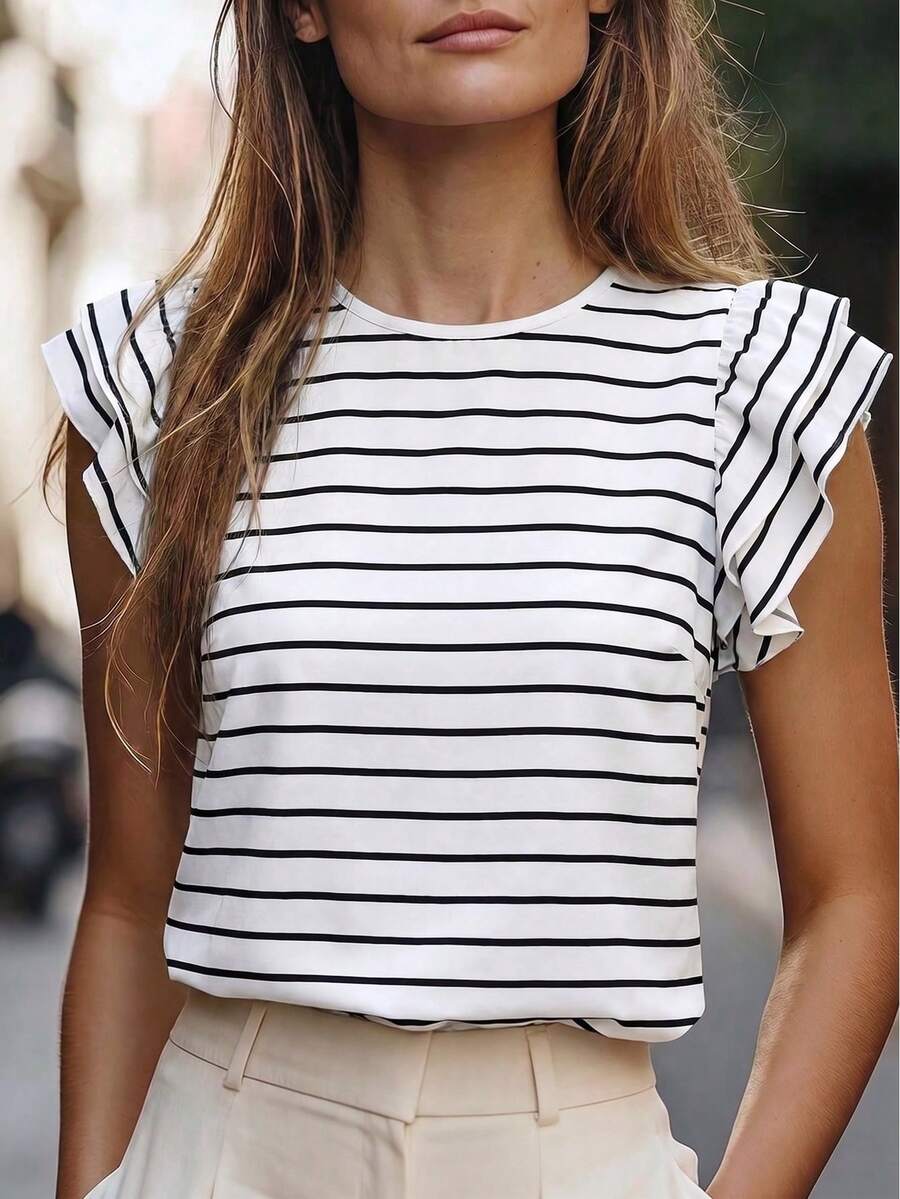 EMERY ROSE Women's Striped Print Round Neck Ruffle Sleeve Casual Versatile T-Shirt, Spring/Summer New Arrival Hot Selling - Multicolor - View 1