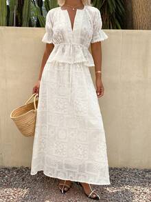 DAZY Women's Lace Loose Waist-Cinched Tie-Front Blouse And Mid-Length Skirt 2 Pieces Set - White - View 3