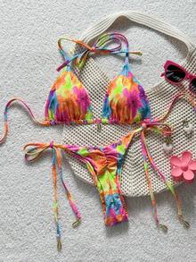 Swim Vcay Conjunto de bikini con cuello halter y estampado integral para mujer - Multicolor - Ver 5