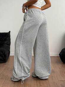 SHEIN Tall CURVE 大码休闲运动抽绳阔腿裤 - 淺灰色 - 查看 7