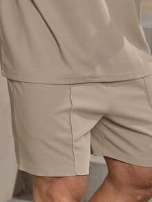 Solurane Áo thun trơn rộng rãi và quần short cạp rút cho nam, trang phục thoải mái - Màu Khaki - Xem 4