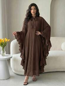 Al Najma Gaun Arab Longgar Lengan Lonceng Kerah Warna Polos untuk Wanita - Coklat - View 2