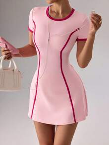 SHEIN Sovereign Charm Women's Colorblock Round Neck Short Sleeve Sports Dress With Shorts - Pink - View 1