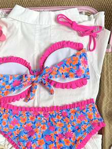 Swim Mod Girls Polka Dot Print Flat Chest Ruched Swimsuit Top Plus High Waist Ruched Ruffle Bikini Bottoms Women Swimsuit Set - Multicolor - View 3