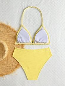 SHEIN 青少年女孩海洋風兩件式泳衣，鵝黃色提花特殊面料，吊飾流蘇貝殼蕾絲亞麻編織緞帶飾邊，適合夏季度假、海灘、海邊、泳池、游泳池、暑假派對、休閒假期 - 黃色 - 查看 2