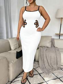 Elenzga Plus Size Elegant Fitted Color Block Dress - White - View 6