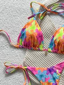 Swim Vcay Conjunto de bikini con cuello halter y estampado integral para mujer - Multicolor - Ver 4