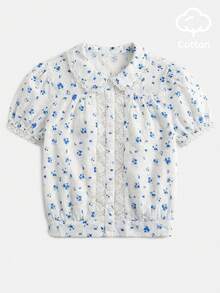 lacRébo 浪漫鄉村風哥德式淺米白色棉質女襯衫，花卉印花、蕾絲細節與彼得潘領，可愛風格，適合早午餐、野餐、夏季穿著 - 彩色 - 查看 6
