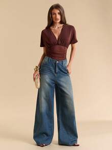 SHEIN BAE Body in rete marrone primavera/estate, scollo a V profondo, maniche a pipistrello, arricciato, trasparente, senza schienale, con lacci, aderente, sexy, per discoteca e feste, strato base - Castano - Visualizzare 5