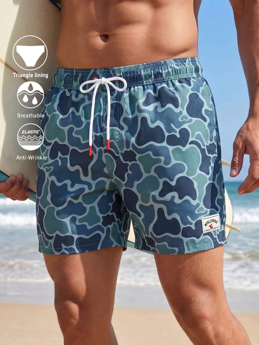 CoralVoy Men's All-Over Print Slant Pocket Drawstring Waist Casual Beach Shorts, Holiday - Grey - View 1